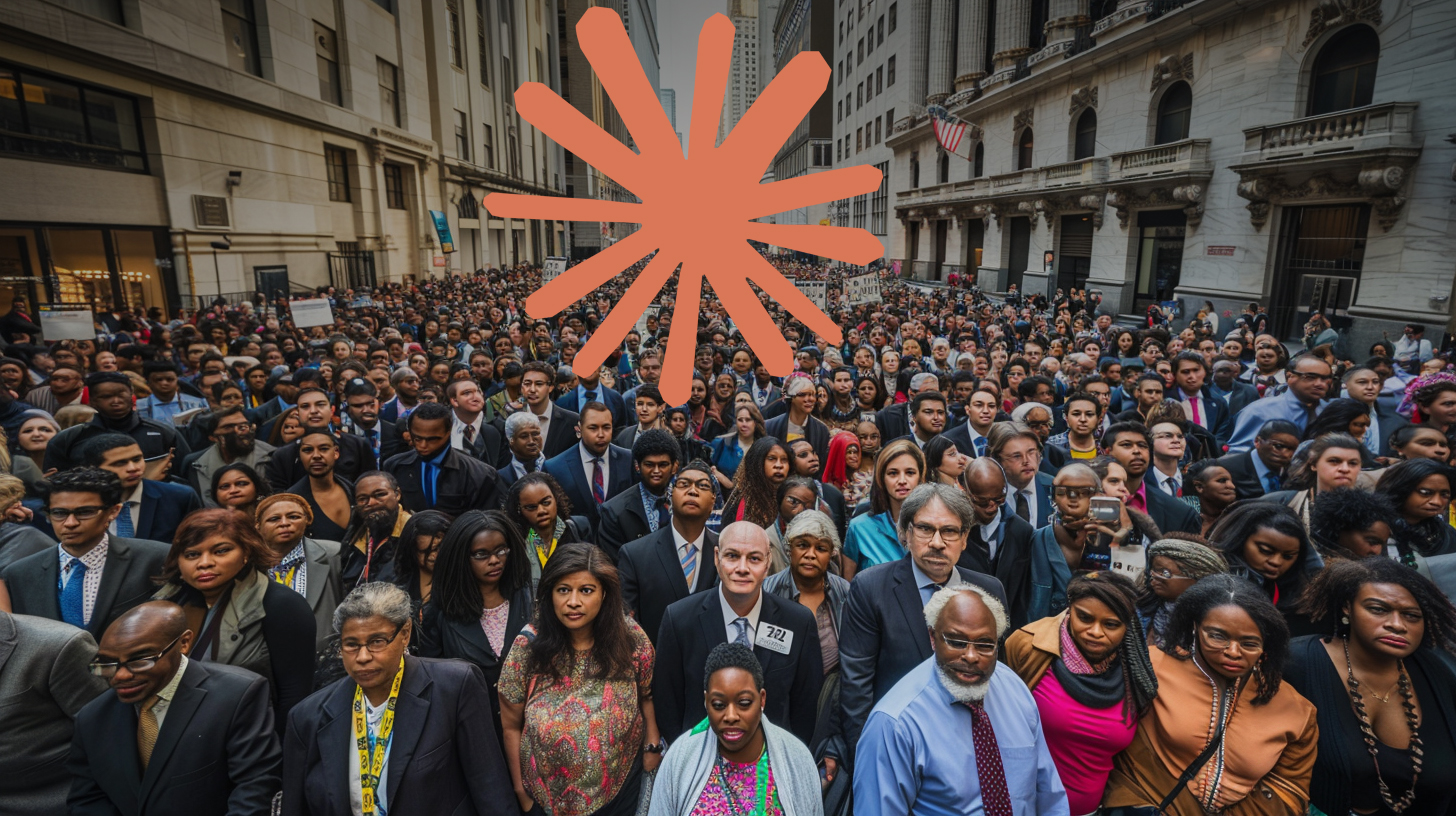 Business people of all ethnicities and genders rally under the Claude logo